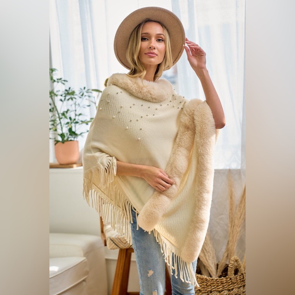 Ivory Faux-Fur Trim Fringe Poncho Sweater - Women